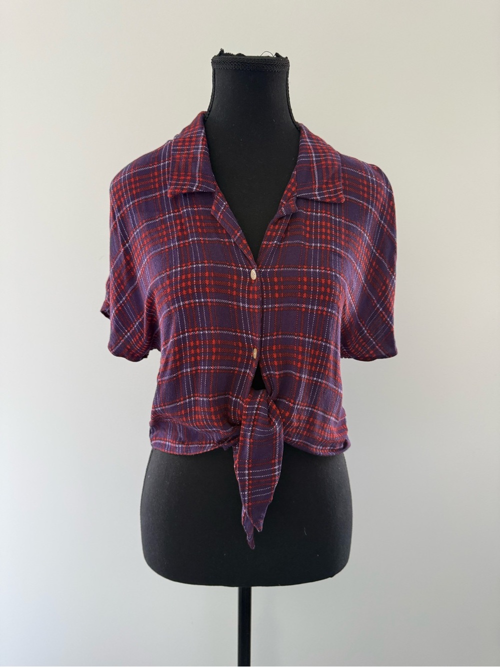 Wilfred Purple and Red Plaid Tie-Front Short Sleeve Top